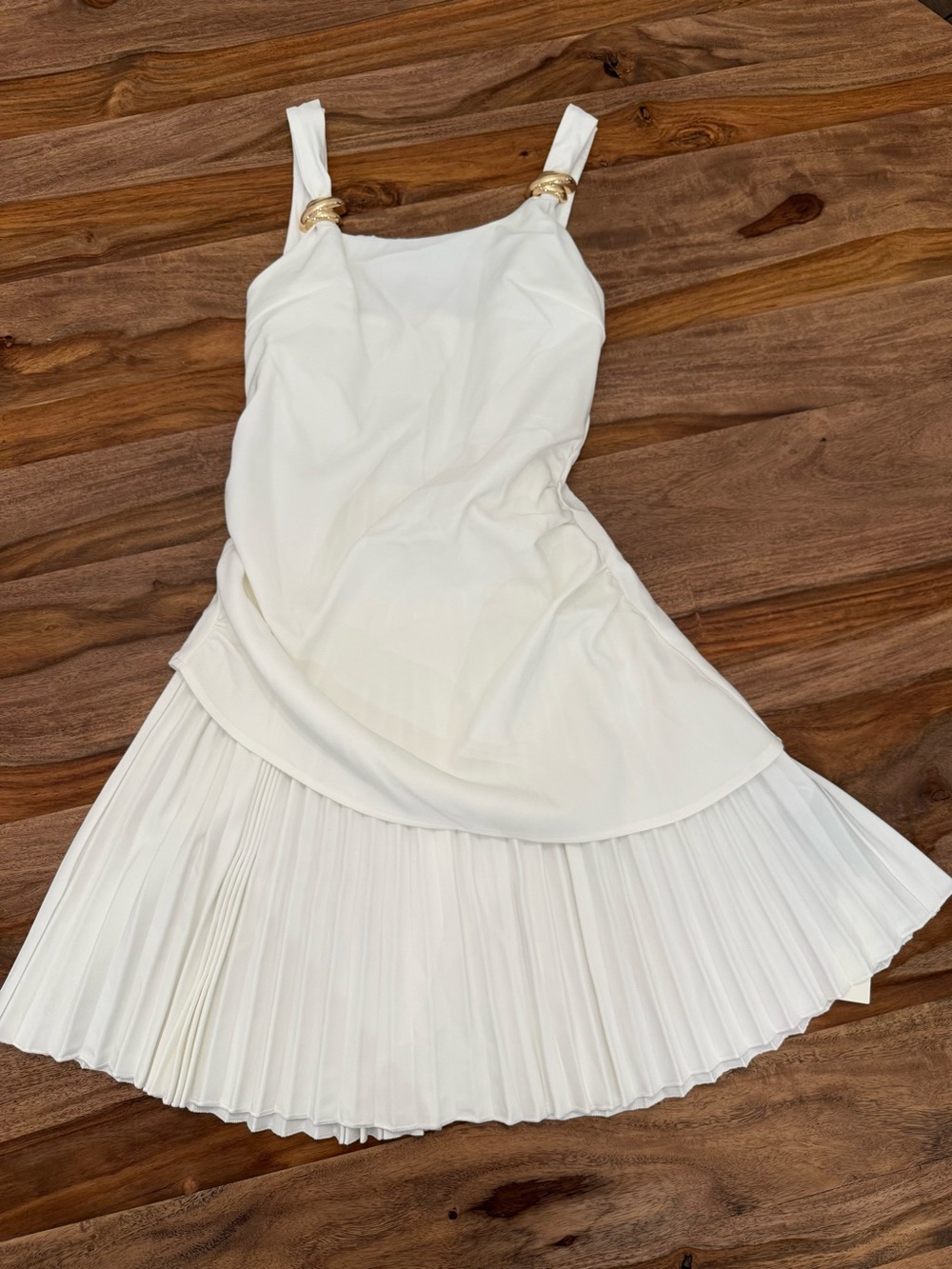 Commense White Pleated Mini Dress with Gold Ring Straps